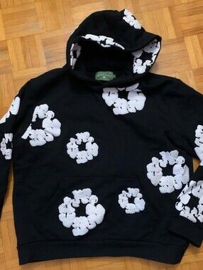 Black Hoodie Sweater with White Floral Print - Men's Sweater